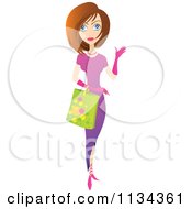 Poster, Art Print Of Brunette Woman Carrying A Shopping Bag And Presenting