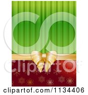 Clipart Of A Christmas Gift Background Of Green Stripes Red Snowflakes And A Gold Bow Royalty Free Vector Illustration by elaineitalia