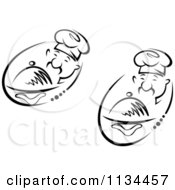 Clipart Of Black And White Asian Chefs Holding Platters Royalty Free Vector Illustration