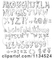 Cartoon Of Black And White Sketched Alphabet Letters Numbers And Symbols Royalty Free Vector Clipart