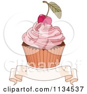 Poster, Art Print Of Cherry Topped Cupcake Over A Blank Ribbon Banner