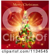 Clipart Of A Tree Of Gifts And Merry Christmas Greeting On Red Royalty Free Vector Illustration