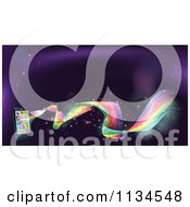Clipart Of A Rainbow Wave Flowing From A Cell Phone With Apps Royalty Free Vector Illustration by AtStockIllustration