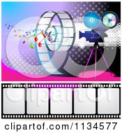 Poster, Art Print Of Filming Movie Camera With Film And Music Notes Over Purple With Halftone 1
