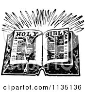 Clipart Of A Retro Vintage Black And White Open Holy Bible Book Royalty Free Vector Illustration