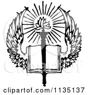 Clipart Of A Retro Vintage Black And White Winged Open Holy Bible Book And Torch Royalty Free Vector Illustration