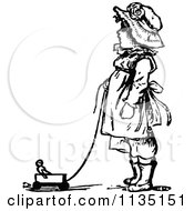 Clipart Of A Retro Vintage Black And White Girl With A Pull Toy Royalty Free Vector Illustration