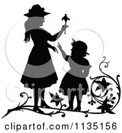 Clipart Of Retro Vintage Silhouetted Girls Playing Royalty Free Vector Illustration
