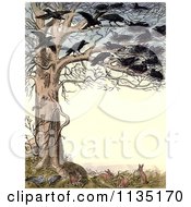 Poster, Art Print Of Vintage Frame Of Crows In A Tree Over Rabbits And Pigeons