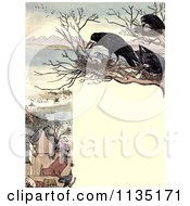 Vintage Frame Of Nesting Crows Over A Village