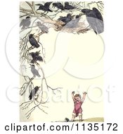 Vintage Frame Of Nesting Crows Over A Girl