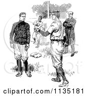 Clipart Of Retro Black And White Baseball Players Talking At Home Base Royalty Free Vector Illustration by Prawny Vintage