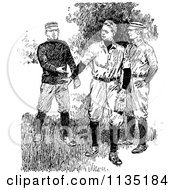 Clipart Of Retro Black And White Baseball Players Discussing Royalty Free Vector Illustration by Prawny Vintage