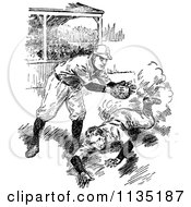 Clipart Of A Retro Black And White Baseball Player Sliding Royalty Free Vector Illustration