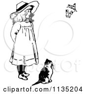 Poster, Art Print Of Retro Vintage Black And White Girl And Cat Watching Butterflies