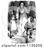 Clipart Of A Retro Vintage Black And White Mother Sending Children Out To Chase Butterflies Royalty Free Vector Illustration