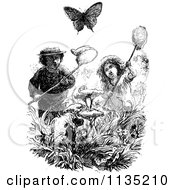 Clipart Of Retro Vintage Black And White Kids Chasing Butterflies 4 Royalty Free Vector Illustration by Prawny Vintage