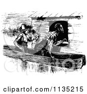 Clipart Of A Retro Vintage Black Man And Boy In A Boat Royalty Free Vector Illustration