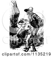Clipart Of A Retro Vintage Black Man And Boy Looking Around Boulders Royalty Free Vector Illustration