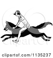 Clipart Of A Retro Vintage Black And White Boy Riding A Wolf Royalty Free Vector Illustration