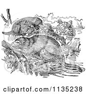 Clipart Of Retro Black And White Beavers And Their Dam Royalty Free Vector Illustration