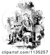 Clipart Of A Retro Vintage Black And White Girl Feeding Birds Royalty Free Vector Illustration