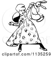 Clipart Of A Retro Vintage Black And White Girl Holding Up A Rabbit Royalty Free Vector Illustration