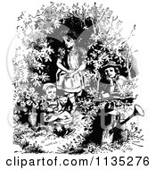 Clipart Of Retro Vintage Black And White Children In Bushes Royalty Free Vector Illustration