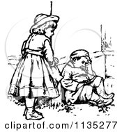 Clipart Of A Retro Vintage Black And White Boy And Girl In A Corner Royalty Free Vector Illustration