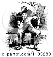 Clipart Of A Retro Vintage Black And White Thinking Boy Sitting On A Log Royalty Free Vector Illustration