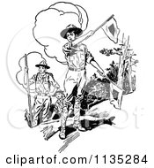 Clipart Of Retro Vintage Black And White Boy Scouts With Flags Royalty Free Vector Illustration