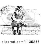 Clipart Of A Retro Vintage Black And White Boy Sitting On A Wall With Fruit Royalty Free Vector Illustration