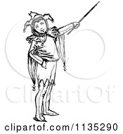 Clipart Of A Retro Vintage Black And White Jester Boy Pointing Royalty Free Vector Illustration