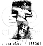 Clipart Of A Retro Vintage Black And White Boy Climbing Through A Window 1 Royalty Free Vector Illustration