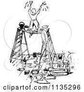 Clipart Of A Retro Vintage Black And White Boy Painting On A Platform Royalty Free Vector Illustration