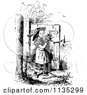 Clipart Of A Retro Vintage Black And White Girl With Flower By A Gate Royalty Free Vector Illustration