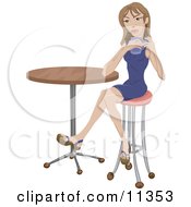 Beautiful Young Woman Sitting At A Table Drinking Tea Or Coffee Alone Clipart Illustration