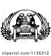 Clipart Of A Retro Vintage Black And White Couple In A Winged Car Royalty Free Vector Illustration by Prawny Vintage