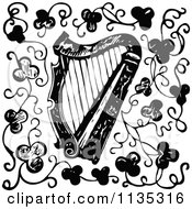 Poster, Art Print Of Retro Vintage Black And White Harp And Clovers