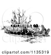 Clipart Of Retro Vintage Black And White Natives In A Canoe By A Ship Royalty Free Vector Illustration by Prawny Vintage