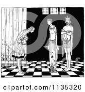 Clipart Of A Retro Vintage Black And White Person Bowing To The King And Queen Royalty Free Vector Illustration