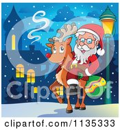 Poster, Art Print Of Santa On A Reindeer By A Street Light In A Village