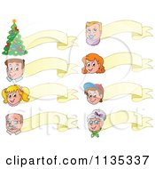Cartoon Of Happy Faces A Christmas Tree And Ribbon Banners Royalty Free Vector Clipart by visekart