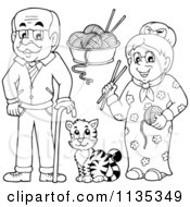 Cartoon Of Outlined Senior Grandparents With Yarn And A Cat Royalty Free Vector Clipart
