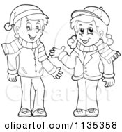 Outlined Boy And Girl In Scarves And Hats