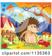 Cartoon Of A Hedgehog With Mushrooms And Apples Under An Autumn Tree Royalty Free Vector Clipart by visekart