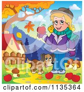 Poster, Art Print Of Girl And Dog With Mushrooms And Apples Under An Autumn Tree