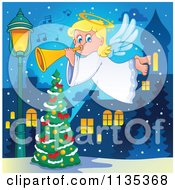 Poster, Art Print Of Blond Christmas Girl Angel Playing A Horn Over A Tree