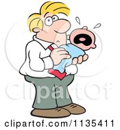 Cartoon Of A Father Holding A Crying Baby Royalty Free Vector Clipart by Johnny Sajem