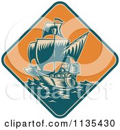 Poster, Art Print Of Retro Tall Galleon Ship At Sea In An Orange Diamond